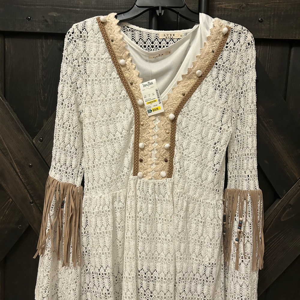 Off White Boho Top with Long Bell Fringe Sleeves and V-Neckline